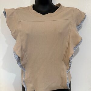 Anthropologie Beige and Blue Ruffle Sleeve Blouse